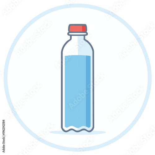 Plastic Water Bottle with Clear Liquid and Red Cap for Hydration Concept within a Light Blue Circular Graphic Design