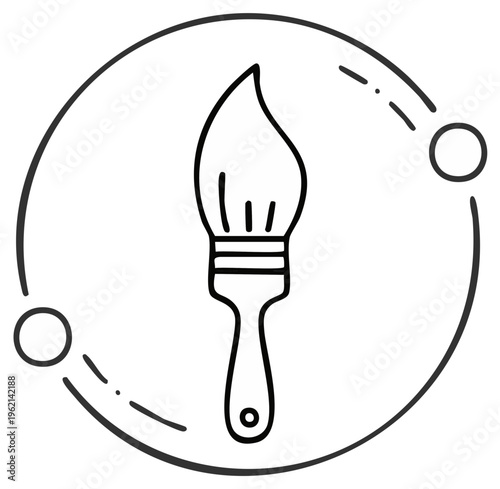 Hand-drawn illustration of a paintbrush within a circular decorative border