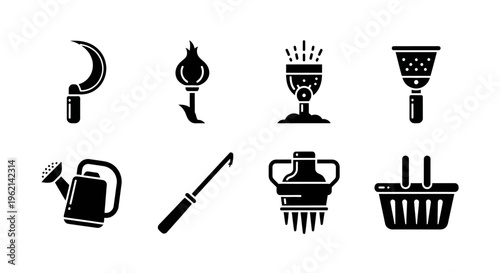 Gardening Tools and Supplies Icons: Sickle, Watering Can, Basket, Sieve, Spatula, Torch, Milk Churn, Knife