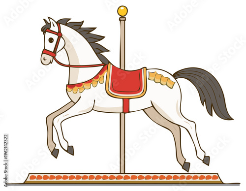 Cartoon style carousel horse illustration, white pony with red saddle, fairground ride
