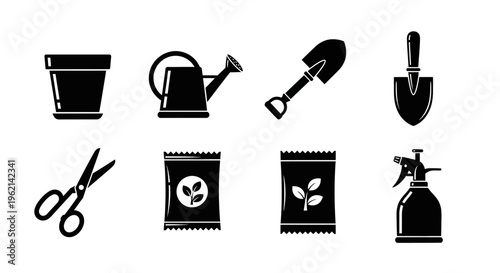 Gardening Tools and Supplies Icon Set: Pot, Watering Can, Shovel, Scissors, Seed Packets, Sprayer