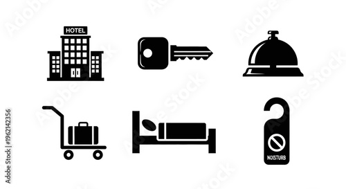 Hotel Icons Set: Building, Key, Bell, Luggage Cart, Bed, Do Not Disturb Sign
