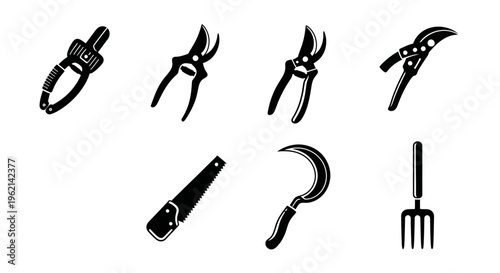 Set of Garden Tools Icons: Pruning Shears, Saw, Sickle, Fork, and Loppers