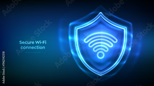 Secure Wi-Fi connection. Cyber Security. Wi-fi icon behind glass Security shield on blue background. Wi-Fi encryption. Secure wireless access. Protected mobile connection zone. Vector illustration.