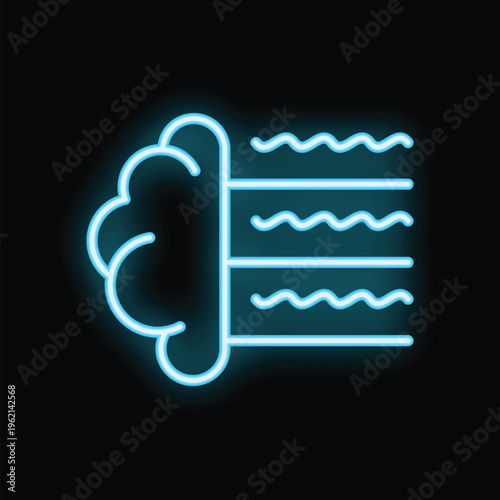Glowing blue neon icon of an air purifier cleaning the air with wavy lines