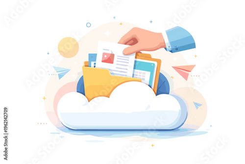 Cloud Data Upload Concept with Digital Files, Storage and Online Backup Illustration