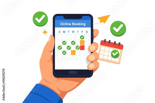 Online Booking Concept with Mobile App, Calendar Scheduling and Confirmation Illustration