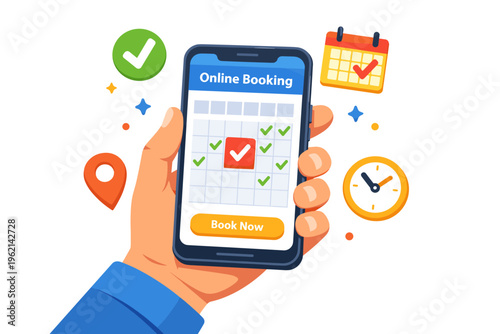 Online Booking Concept with Mobile App, Calendar Scheduling and Confirmation Illustration