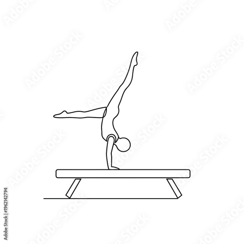 Rhythmic gymnastics vector illustration, elegant gymnast performing with ribbon, black and white line art of female athlete in motion