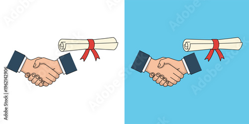 Visual representation of educational success and professional agreement, showcasing a firm handshake alongside a significant academic scroll