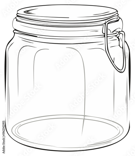 Clear glass jar with wire swing top lid for preserves and storage with sketched outline style