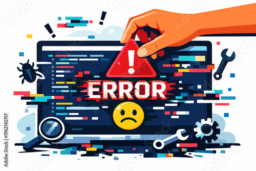Software Error and Bug Fixing Concept with Code, Warning Alert and Debugging Illustration