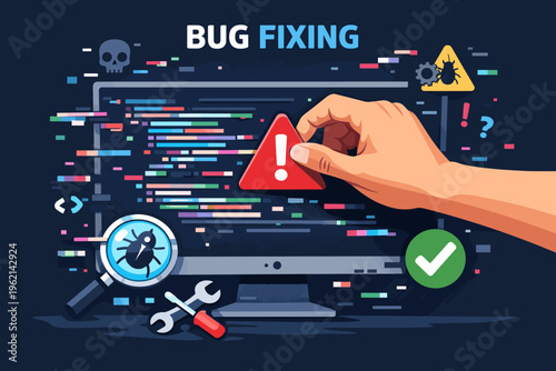 Software Error and Bug Fixing Concept with Code, Warning Alert and Debugging Illustration