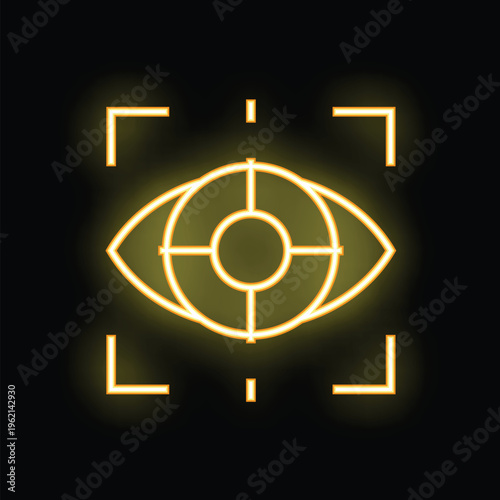 Neon glowing yellow eye being targeted by a recognition system on a black background