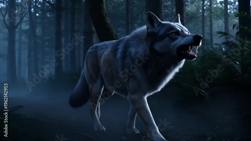 Aggressive Grey Wolf with Glowing Yellow Eyes in Dark Night Forest