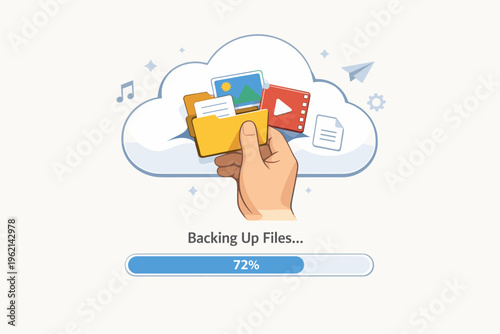 Cloud Data Backup Concept with File Storage, Upload Progress and Digital Security Illustration