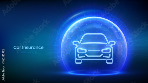 Car insurance concept. Vehicle insurance services, coverage. Insurance policy. Protected car icon inside transparent sphere dome shield with hexagon pattern on blue background. Vector illustration.