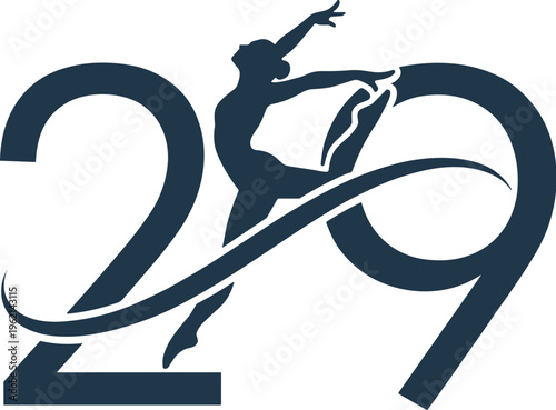 Rhythmic gymnastics silhouette with number 29, dark blue female gymnast vector icon, elegant sports logo for competition or anniversary