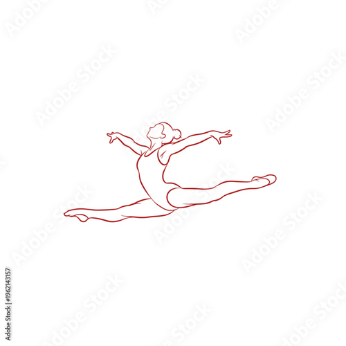Minimalist gymnast line art vector, rhythmic gymnastics athlete performing split jump, red contour drawing of female gymnast in mid-air pose