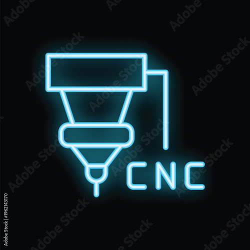 Blue neon icon of a cnc milling machine working, isolated on a black background