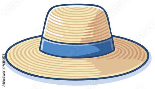 Stylish straw summer sun hats in cartoon style with blue ribbon around it.