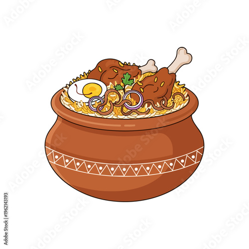 Traditional Hyderabadi Dum Biryani in Clay Pot Vector Illustration