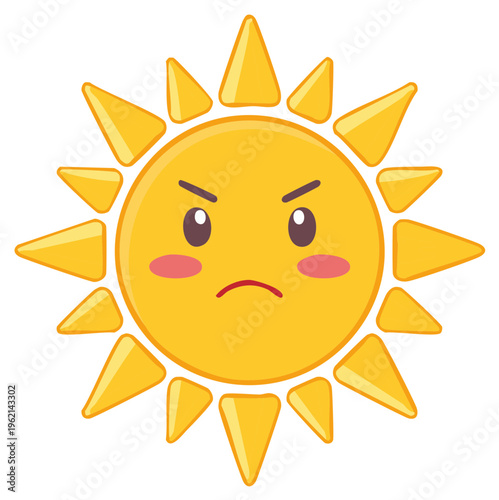 Illustration of an angry cartoon sun with radiating rays and a displeased expression