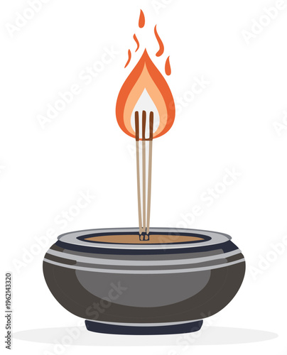 Sacred Incense Sticks Burn with Flame in a Traditional Offering Bowl