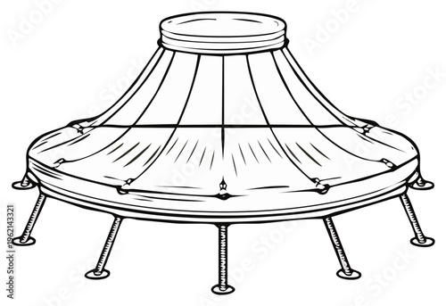 Vintage circus tent roof structure with elegant fabric draping and multiple support legs line art