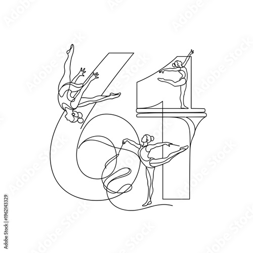 Minimalist continuous line art of rhythmic gymnastics and diving, number 61 typography with female athletes, elegant sports vector illustration