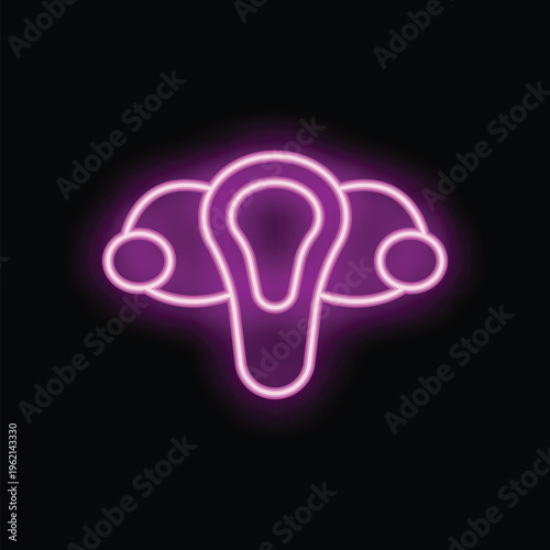 Bright pink neon sign representing the female reproductive system, featuring a stylized uterus and ovaries against a dark backdrop
