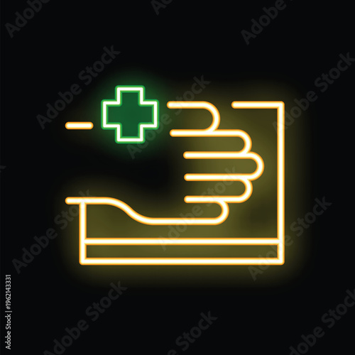 Neon sign representing a hand receiving medical assistance, symbolizing healthcare and first aid in a vibrant and attention grabbing way