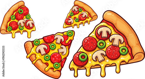 Cartoon pizza slices with melting cheese and toppings, pepperoni and mushroom pizza vector set, delicious fast food snacks for menu design