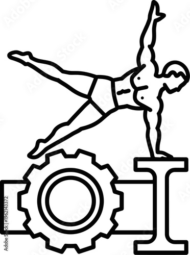 Steampunk mechanical robot gymnast on parallel bars, vintage clockwork cyborg athlete vector, industrial gear humanoid performing gymnastics