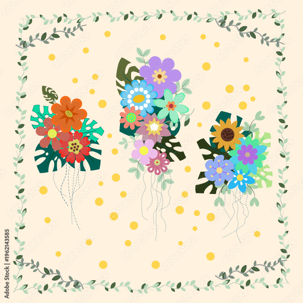 Obraz premium Modern Abstract Floral Bouquet Clusters with Botanical Vine Frame and Golden Polka Dots on Cream Background 