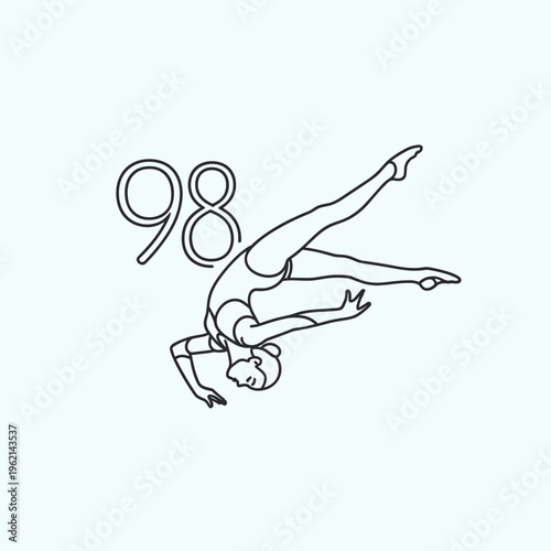 Minimalist gymnast line art vector, artistic female gymnastics silhouette with number 98, elegant athlete performing floor exercise routine