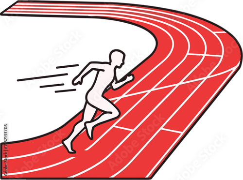 Running athlete silhouette on red running track, sprinter racing on athletic stadium lane, sports competition and fitness vector illustration