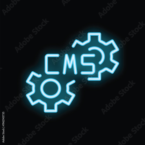 Neon cms acronym inside glowing cogwheel working gears, concept of website development and content management system