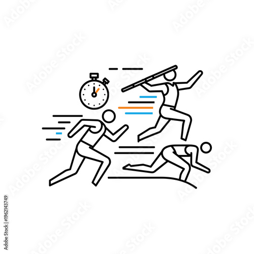 Athletic track and field competition vector, running sprinting and javelin throw athletes, sports tournament with stopwatch timer icon