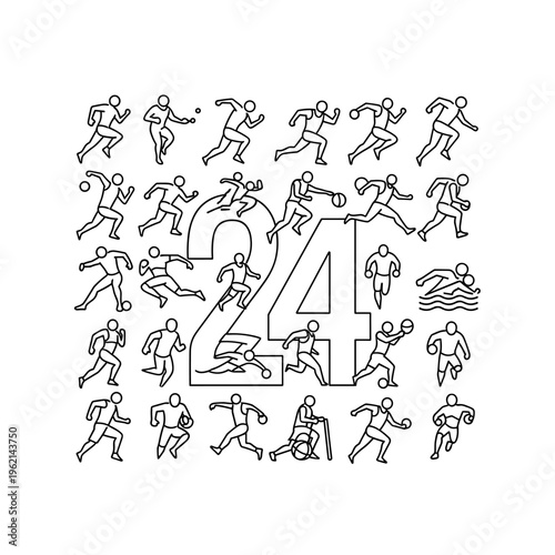 Minimalist sports icon set with 24 line art athletes, professional athletic competition symbols, black and white vector illustrations for fitness apps