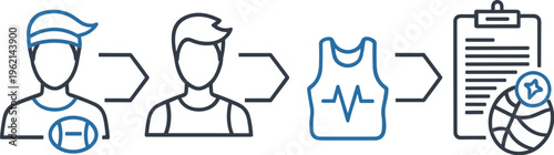 Sports training infographic icons set, athlete development process with basketball and football elements, fitness coaching workflow vector