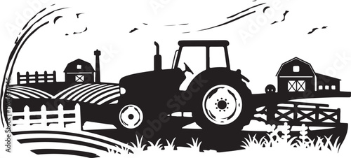 Tractor working in a rural farm landscape with silhouettes