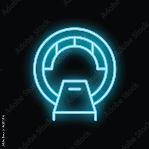Neon icon of a tomography scanner glowing blue on black background