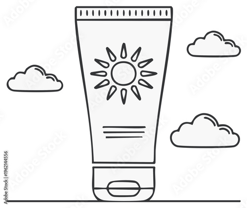 Simple line art drawing of a sun protection lotion tube with sun symbol and clouds