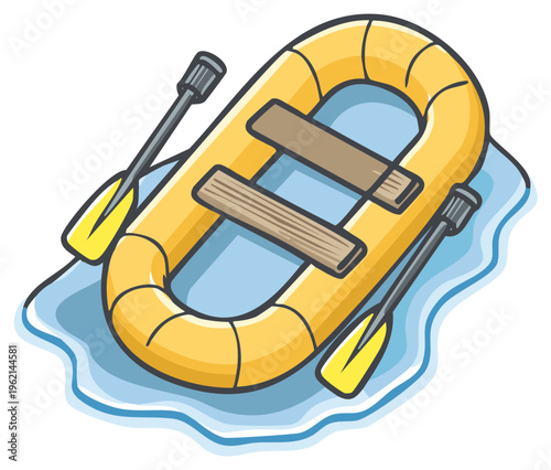 Bright yellow inflatable raft with oars floating on blue water cartoon illustration