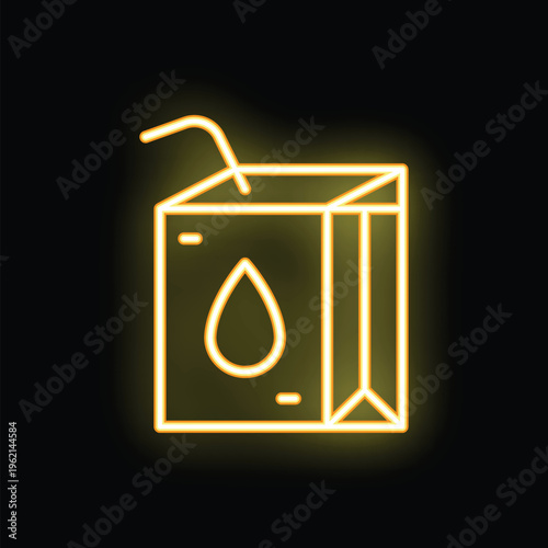 Neon yellow glowing juice pack with straw on a black background