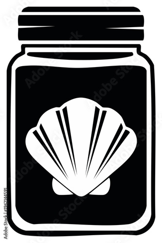 Sea Treasures Jar: High-contrast black and white illustration of a seashell preserved in a glass jar with a bold design.