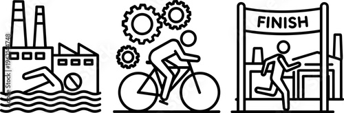 Industrial triathlon icon set with swimming, cycling and running athletes. Factory background sports competition vector. Finish line race icons.