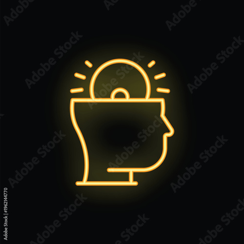 Yellow glowing neon icon of a human head silhouette with a cd shining inside on a black background