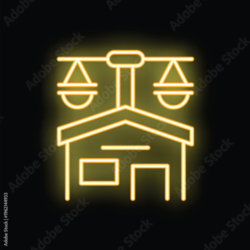Neon sign of a courthouse building with scales of justice symbol, representing the concept of law and order